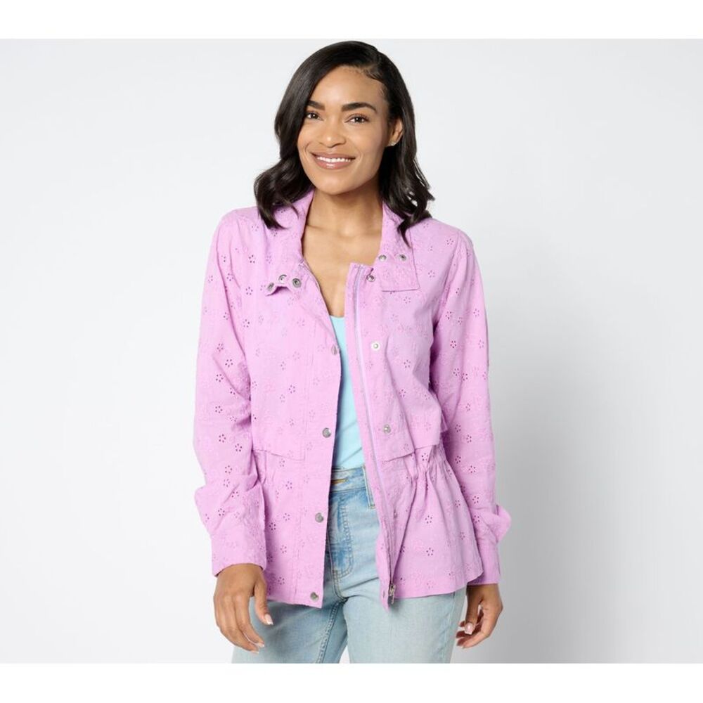 Dennis Basso Women's Jacket Sz M Cotton Eyelet Anorak Gray
